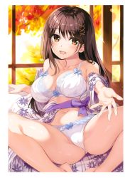 Rule 34 | 1girl, :d, absurdres, blue bow, blush, bow, bow bra, bow panties, bra, breasts, brown eyes, brown hair, cleavage, collarbone, floral print, frills, hair between eyes, hair ornament, highres, japanese clothes, kimono, large breasts, long hair, lower teeth only, navel, open mouth, original, oryo (oryo04), outstretched hand, panties, robe, scan, smile, solo, spread legs, teeth, underwear, white bra, white panties, window, x hair ornament, yukata
