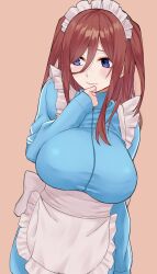 Rule 34 | 1girl, absurdres, alternate costume, apron, blue eyes, blue jacket, blush, breasts, brown hair, closed mouth, frilled apron, frills, go-toubun no hanayome, highres, huge breasts, jacket, large breasts, long hair, long hair between eyes, long sleeves, looking to the side, maid apron, maid headdress, marimo 625, nakano miku, pink background, simple background, solo, track jacket, waist apron, white apron