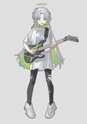 Rule 34 | 1girl, absurdres, black outline, earrings, film grain, green eyes, green footwear, green hair, grey background, grey footwear, grey hair, grey pantyhose, guitar, halo, highres, holding, holding instrument, holding plectrum, instrument, jewelry, long hair, looking at viewer, mouth hold, multicolored footwear, multicolored hair, original, outline, pantyhose, pencil, plectrum, shirt, shoes, simple background, sneakers, solo, t-shirt, torn, torn clothes, torn pantyhose, two-tone hair, white shirt, zumochi