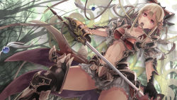 Rule 34 | 10s, 1girl, armor, bad id, bad pixiv id, black gloves, blonde hair, bow, breasts, cape, forest, gloves, granblue fantasy, highres, nature, navel, open mouth, red eyes, ribbon, saraki, shoulder armor, skirt, solo, sword, thighhighs, thighs, tongue, tongue out, vira (granblue fantasy), weapon