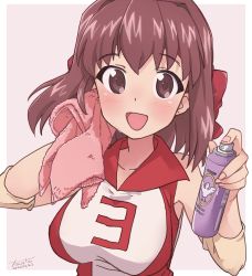 Rule 34 | 1girl, :d, artist name, bird, breasts, brown eyes, brown hair, commentary, dated, duck, elbow pads, english text, fanta (the banana pistols), girls und panzer, headband, highres, holding, holding towel, kondou taeko, large breasts, logo, looking at viewer, medium hair, open mouth, outside border, pink background, pink theme, red headband, red shirt, shirt, signature, simple background, sleeveless, sleeveless shirt, smile, solo, sportswear, spray can, sweat, towel, volleyball uniform, wiping sweat, yellow background