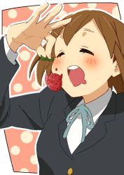 Rule 34 | 1girl, arm up, artist request, bad id, bad pixiv id, black jacket, blue ribbon, blush, brown hair, closed eyes, commentary request, dotted background, eating, food, fruit, hair ornament, hairclip, hirasawa yui, holding, holding food, jacket, k-on!, long sleeves, neck ribbon, open mouth, ribbon, short hair, solo, strawberry, teeth, upper body, upper teeth only