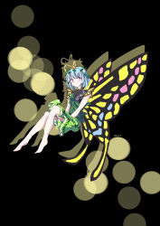 Rule 34 | 1girl, absurdres, antennae, aqua hair, barefoot, black background, butterfly wings, chinese commentary, commentary request, dress, eternity larva, green dress, hair ornament, hidden star in four seasons, highres, insect wings, leaf, leaf hair ornament, leaf on head, lian mang, multicolored clothes, multicolored dress, purple eyes, short hair, short sleeves, simple background, single strap, solo, touhou, wings, yellow wings