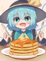 Rule 34 | 1girl, :d, absurdres, black hat, blush stickers, butter, buttons, commentary request, diamond button, drooling, food, fork, frilled shirt collar, frills, green eyes, green hair, hat, hat ribbon, high meron, highres, holding, holding fork, komeiji koishi, long sleeves, mouth drool, open mouth, pancake, pancake stack, plate, ribbon, shirt, smile, sparkle, sparkling eyes, sun hat, syrup, touhou, upper body, wide sleeves, yellow ribbon, yellow shirt