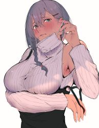 Rule 34 | 1girl, absurdres, armpits, blue eyes, blush, braid, braided ponytail, closed mouth, feet out of frame, from below, grey hair, hair ornament, hairband, hairclip, hand up, highres, kizukisai, long sleeves, mask, unworn mask, mole, mole on body, mole under mouth, mouth mask, original, ponytail, ribbed sweater, solo, strap, sweater, white hair, white sweater