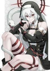 1girl absurdres black_nails boots breasts cleavage cross_scar cuffs elbow_gloves fingernails gloves highres long_fingernails looking_at_viewer original parted_lips red_eyes scar sitting snake solo tatsuma_daisuke white_hair