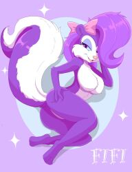 Rule 34 | 1girl, arm behind head, bow, breasts, curvy, fifi la fume, furry, hair bow, hand on own hip, highres, large breasts, name tag, purple background, purple eyes, purple fur, purple hair, skunk girl, skunk tail, star (symbol), tiny toon adventures, zebra10045