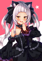 Rule 34 | 1girl, animal ear fluff, animal ears, bare shoulders, black bow, black dress, black sleeves, blunt bangs, blush, bow, brown eyes, cat ears, collarbone, commentary request, criss-cross halter, detached sleeves, dress, forehead, frilled bow, frilled dress, frills, gothic lolita, hair bow, halterneck, hand to own mouth, hand up, highres, hololive, juliet sleeves, kuragari, lolita fashion, long hair, long sleeves, murasaki shion, murasaki shion (gothic lolita), puffy sleeves, red background, sidelocks, silver hair, smug, solo, star (symbol), twintails, two-tone background, very long hair, virtual youtuber, white background