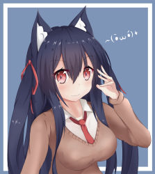 Rule 34 | 1girl, animal ear fluff, animal ears, black hair, blue background, blush, breasts, brown sweater, cat ears, chisuzu mei, closed mouth, collarbone, collared shirt, emoticon, fangs, fangs out, hair between eyes, hair ribbon, hand up, long hair, long sleeves, medium breasts, nagato-chan, necktie, paryi project, red eyes, red necktie, red ribbon, ribbon, shirt, sidelocks, smile, solo, sweater, two-tone background, two side up, upper body, very long hair, virtual youtuber, white background, white shirt