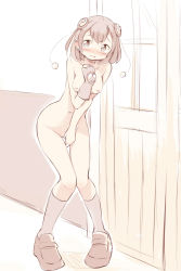 Rule 34 | 1girl, blush, breasts, brown footwear, collarbone, covering privates, covering crotch, door, embarrassed, fingerless gloves, gloves, grey eyes, grey gloves, grey hair, grey legwear, hagoromo lala, hair ornament, hand on own chest, heart, highres, kamome shop, looking to the side, navel, nipples, nude, open mouth, precure, shoes, short hair, single glove, small breasts, socks, standing, star twinkle precure, wall