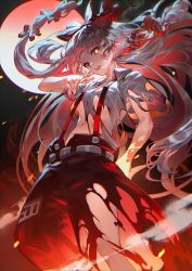 Rule 34 | 1girl, armpit peek, bow, breasts, burnt clothes, cigarette, collared shirt, commentary request, dripping eye, eyebrows hidden by hair, feet out of frame, fire, floating hair, from below, fujiwara no mokou, full moon, glowing, glowing eye, hair bow, hand in pocket, highres, holding, holding cigarette, index finger raised, long hair, looking at viewer, moon, navel, night, night sky, ofuda, ofuda on clothes, open mouth, pants, pointing, red eyes, red pants, shirt, short sleeves, sky, small breasts, smoke, smoking, solo, standing, suspenders, teeth, torn clothes, torn pants, torn shirt, touhou, u u zan, underboob, upper teeth only, very long hair, white hair, white shirt