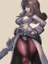 Rule 34 | 1girl, beatrix (ff9), belt, breasts, brown hair, curly hair, eyepatch, final fantasy, final fantasy ix, fingerless gloves, gloves, hand on own hip, highres, kisuu, large breasts, looking at viewer, loose belt, pantyhose, save the queen, simple background, solo, square enix, standing, sword, thick thighs, thighs, weapon
