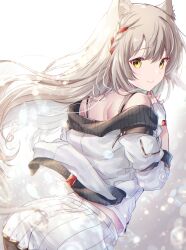 Rule 34 | 1girl, animal ear fluff, animal ears, ass, camisole, cat ears, gloves, grey hair, highres, jacket, long hair, looking at viewer, mio (xenoblade), official alternate hair length, official alternate hairstyle, own hands clasped, own hands together, simple background, skirt, smile, solo, tank top, ui frara, white jacket, white skirt, xenoblade chronicles (series), xenoblade chronicles 3, yellow eyes