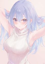 Rule 34 | 1girl, :o, armpits, arms behind head, arms up, blue hair, blush, breasts, gameso, hands in own hair, highres, idolmaster, idolmaster shiny colors, looking at viewer, medium breasts, purple eyes, ribbed sweater, sleeveless, sleeveless sweater, solo, suzuki hana, sweater, upper body, white sweater