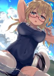Rule 34 | 1girl, ahoge, blonde hair, blue eyes, book, breasts, cloud, cloudy sky, comb, covered navel, dutch angle, glasses, hair between eyes, hat, i-8 (kancolle), kantai collection, large breasts, low twintails, name tag, nukoyarou, open mouth, outdoors, peaked cap, red-framed eyewear, sailor hat, school swimsuit, semi-rimless eyewear, sitting, sky, smile, solo, sunlight, swimsuit, thighhighs, tri tails, twintails, under-rim eyewear, unworn hat, unworn headwear, water, white hat, white thighhighs