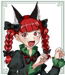 Rule 34 | 1girl, :d, animal ears, artist request, black bow, blunt bangs, border, bow, braid, cat ears, dress, extra ears, fang, frills, green dress, hair bow, hands up, highres, juliet sleeves, kaenbyou rin, long sleeves, looking at viewer, neck ribbon, open mouth, paw pose, puffy sleeves, red eyes, red hair, red ribbon, ribbon, simple background, slit pupils, smile, solo, touhou, twin braids, white background