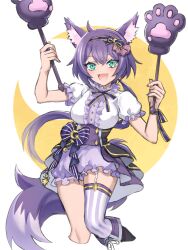 Rule 34 | 1girl, animal ears, aqua eyes, highres, long hair, looking at viewer, low ponytail, mel6969, multicolored background, open mouth, purple hair, purple skirt, ruhuyu (show by rock!!), shirt, short sleeves, show by rock!!, skirt, smile, solo, tail, white background, white shirt, wolf ears, wolf girl, wolf tail, yellow background
