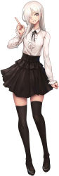 Rule 34 | 1girl, black footwear, black ribbon, black skirt, black thighhighs, blouse, collared shirt, contrapposto, full body, grey eyes, hair over one eye, hand up, high-waist skirt, index finger raised, long hair, looking at viewer, neck ribbon, one eye covered, oopartz yang, original, ribbon, shirt, shoes, simple background, skirt, smile, solo, standing, thighhighs, white background, white hair, white shirt