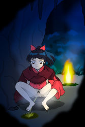 Rule 34 | 1girl, absurdres, black hair, cave, female pubic hair, fire, han&#039;you, han&#039;you no yashahime, highres, inuyasha, moroha (inuyasha), no, no panties, outdoors, peeing, ponytail, pubic hair, puddle, pussy, solo, squatting, uncensored
