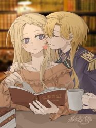 Rule 34 | 2girls, blonde hair, book, bright pupils, chinese commentary, closed eyes, closed mouth, commentary request, cup, dress, epaulettes, gwyneth claremont, hand on another&#039;s shoulder, heart, highres, holding, holding book, holding cup, indoors, jacket, library, long hair, long sleeves, multiple girls, orange dress, purple eyes, purple jacket, rose fryberg, smile, upper body, volcano princess, white pupils, yanlingjinshilihuahua, yuri