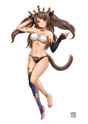 Rule 34 | 1girl, animal ears, arknights, arm up, bare shoulders, barefoot, bikini, black bikini, black ribbon, blush, breasts, brown eyes, brown hair, cat ears, cat tail, cleavage, closed mouth, commentary, cosplay, crown, detached sleeves, fate/grand order, fate (series), finalcake, full body, hair ribbon, hand up, ishtar (fate), ishtar (fate) (cosplay), long hair, looking at viewer, medium breasts, navel, ribbon, simple background, single sleeve, single thighhigh, skyfire (arknights), smile, solo, swimsuit, tail, thighhighs, thighs, toeless legwear, voice actor connection, white background