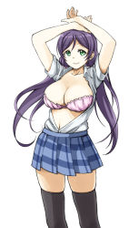 Rule 34 | 10s, 1girl, arms up, black thighhighs, bra, breasts, dress shirt, green eyes, highres, large breasts, long hair, love live!, love live! school idol project, low twintails, navel, open clothes, open shirt, pas (paxiti), plaid, plaid skirt, pleated skirt, purple hair, school uniform, shirt, skindentation, skirt, sleeves rolled up, smile, solo, strapless, strapless bra, thighhighs, tojo nozomi, twintails, underwear, zettai ryouiki