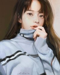 Rule 34 | 10s, 1girl, 2016, artist name, black eyes, black hair, dated, faux traditional media, lilaccu, lips, long hair, looking at viewer, nose, painting (medium), parted bangs, photorealistic, portrait, realistic, signature, solo, sweater, traditional media, turtleneck, upper body, watermark