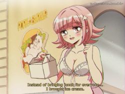 Rule 34 | 1990s (style), 1girl, :d, backpack, bag, bikini, bikini top only, blunt bangs, breasts, cleavage, closed mouth, commentary, criis-chan, danganronpa (series), danganronpa 2: goodbye despair, english commentary, english text, fake screenshot, holding, light brown hair, looking at viewer, nanami chiaki, official alternate costume, open mouth, retro artstyle, ribbon, short hair, smile, solo, standing, subtitled, swimsuit, upper body