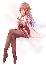 Rule 34 | 1girl, bare shoulders, black pantyhose, breasts, brown eyes, crossed legs, detached sleeves, full body, grey hair, hair ornament, hairclip, haruna (kancolle), headgear, highres, kantai collection, large breasts, long hair, no shoes, nontraditional miko, pantyhose, red skirt, sitting, skirt, smile, solo, twitter username, wide sleeves, wss (nicoseiga19993411)