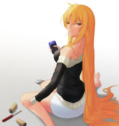 Rule 34 | 00s, 1girl, absurdly long hair, bare shoulders, blonde hair, breasts, fate testarossa, long hair, lyrical nanoha, mahou shoujo lyrical nanoha, mochidayo (lovefate999), mouth hold, red eyes, screwdriver, sitting, skirt, solo, very long hair, wariza, white background, wrench
