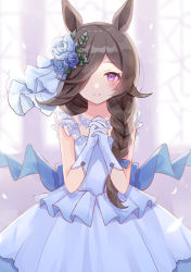 Rule 34 | 1girl, animal ears, barufoa, blue dress, blue flower, blue gloves, blue rose, blurry, blurry background, blush, braid, braided ponytail, bridal veil, bride, dress, flower, gloves, hair flower, hair ornament, hair over one eye, horse ears, long hair, looking at viewer, low ponytail, open mouth, own hands clasped, own hands together, petals, purple eyes, rice shower (longed-for scenery) (umamusume), rice shower (umamusume), rose, sleeveless, sleeveless dress, smile, solo, teeth, umamusume, upper body, veil, wedding dress