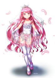 Rule 34 | 1girl, absurdres, blush, bride, clothes lift, collarbone, crown, dress, dress lift, feathers, full body, garter belt, garter straps, gloves, highres, long hair, louise francoise le blanc de la valliere, panties, pink eyes, pink hair, pink panties, see-through, shoes, simple background, solo, strapless, strapless dress, thigh gap, thighhighs, thighs, underwear, veil, very long hair, wedding dress, white background, white thighhighs, yeoul, zero no tsukaima