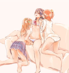 Rule 34 | 10s, 3girls, ass, bad id, bad pixiv id, barefoot, black hair, blue eyes, blush, bow, bra, bra lift, breast sucking, breasts, brown hair, clothing aside, couch, dress shirt, ear licking, female focus, fff threesome, fingering, flat chest, girl sandwich, group sex, hair bow, holding hands, kneeling, kosaka honoka, licking, long hair, love live!, love live! school idol project, minami kotori, multiple girls, navel, nipples, no pants, no shirt, one eye closed, orange hair, panties, panties aside, plaid, plaid skirt, pubic hair, pussy juice, sandwiched, school uniform, see-through, shirt, short hair, side ponytail, simple background, sketch, skirt, sleeves rolled up, sonoda umi, syou (endemic species), threesome, underwear, underwear only, undressing, wet, wet clothes, wet panties, wink, yuri