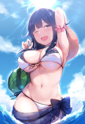 Rule 34 | 1girl, ;d, ahoge, arm behind head, arm garter, arm up, armpits, bare shoulders, bikini, blue hair, blue sky, blush, breasts, brown headwear, cai geng, cleavage, cloud, cloudy sky, day, food, front-tie bikini top, front-tie top, fruit, hand up, unworn headwear, kantai collection, large breasts, long hair, looking at viewer, navel, one eye closed, open mouth, outdoors, red eyes, sarong, see-through, side-tie bikini bottom, sky, smile, solo, stomach, sun, sunlight, swimsuit, taigei (kancolle), wading, water, watermelon, wet, white bikini