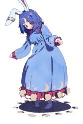 Rule 34 | 1girl, adapted costume, animal ears, blue dress, blue hair, blush, crescent print, dress, earclip, full body, highres, long hair, long sleeves, nama udon, open mouth, rabbit ears, red eyes, seiran (touhou), simple background, socks, solo, standing, star (symbol), star print, touhou, white background, white socks