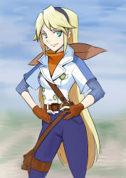 Rule 34 | 1girl, blonde hair, blue sky, bow, breasts, clarissa arwin, colorized, fingerless gloves, gloves, green eyes, hairband, hands on own hips, highres, holster, jacket, kuso, kuso otoko, lips, long hair, looking at viewer, neckerchief, pants, sky, smile, solo, thigh holster, very long hair, wild arms, wild arms xf