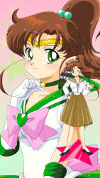 Rule 34 | 1990s (style), 1girl, bishoujo senshi sailor moon, blush, bow, brooch, brown hair, choker, circlet, dress, dual persona, earrings, elbow gloves, female focus, gloves, gradient background, green eyes, hair bobbles, hair ornament, halftone, halftone background, hand on own hip, heart, heart brooch, high heels, highres, jewelry, kino makoto, legs, light smile, long hair, long skirt, looking at viewer, mikiky, multicolored background, necklace, official style, one eye closed, pink bow, ponytail, retro artstyle, sailor jupiter, sailor senshi, school uniform, serafuku, shoes, skirt, solo, standing, star (symbol), super sailor jupiter, tiara, white gloves, wink, zoom layer