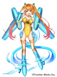 Rule 34 | 1girl, aircraft, airplane, blue footwear, breasts, company name, covered navel, full body, gakuon (gakuto), gloves, hand up, long hair, medium breasts, official art, orange hair, sanzenkai no avatar, solo, standing, thighhighs, twintails, white background, white gloves