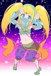 Rule 34 | 1girl, blonde hair, blue eyes, cosplay, detached sleeves, female focus, gerudo set (zelda), gradient background, hrgm, indie virtual youtuber, mouth veil, navel, nintendo, pointy footwear, shoes, solo, star (symbol), starry background, strapless, the legend of zelda, the legend of zelda: breath of the wild, tube top, twintails, veil, virtual youtuber, yuina (yuina no oekaki), yuina no oekaki
