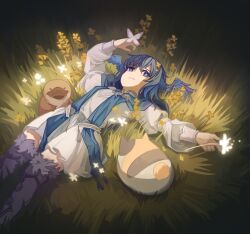 Rule 34 | 1girl, bird legs, blue eyes, blue feathers, blue hair, blue scarf, bug, butterfly, butterfly on hand, closed mouth, collar, dim lighting, dress, fat cat (ff14), feathers, feet out of frame, final fantasy, final fantasy xiv, flower, glowing flower, hair between eyes, head wings, highres, holding, holding flower, insect, looking at viewer, lying, meteion, night, on back, on grass, outdoors, platypus, pleated dress, scarf, solo focus, user 891095214, white collar, white dress, wings