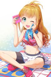 Rule 34 | 1girl, ;d, bad id, bad pixiv id, bike shorts, black shorts, blonde hair, blue towel, breasts, cartridge, cleavage, collarbone, crop top, green eyes, grin, hair ornament, hair scrunchie, hino akane (idolmaster), holding, idolmaster, idolmaster cinderella girls, indian style, long hair, midriff, miniskirt, navel, one eye closed, open mouth, pleated skirt, polka dot, polka dot scrunchie, red footwear, red scrunchie, scrunchie, short shorts, shorts, shorts under skirt, sitting, skirt, small breasts, smile, solo, stomach, towel, white background, white skirt, yama tatsuo