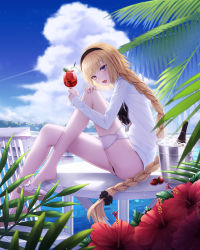 Rule 34 | 1girl, absurdres, bikini, bikini under clothes, black bikini, blonde hair, blue eyes, bottle, braid, cecil86, cocktail, cocktail glass, cup, day, drinking glass, fate/grand order, fate (series), flower, food, fruit, hand on own knee, hibiscus, highres, horizon, ice, ice cube, jacket, jeanne d&#039;arc (fate), jeanne d&#039;arc (ruler) (fate), jeanne d&#039;arc (swimsuit archer) (fate), jeanne d&#039;arc (swimsuit archer) (first ascension) (fate), lime (fruit), long hair, looking at viewer, ocean, open clothes, open jacket, outdoors, sandals, single braid, sitting, solo, strawberry, swimsuit, thigh strap, very long hair, wine bottle, wine glass