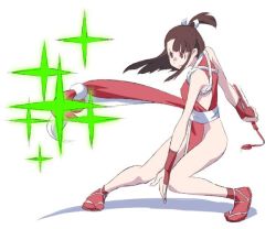 Rule 34 | 1girl, bad id, bad twitter id, brown hair, commentary request, cosplay, determined, dress, fatal fury, hand fan, kagari atsuko, little witch academia, no panties, paper fan, pigeon-toed, ponytail, red eyes, satochi, shiranui mai, shiranui mai (cosplay), solo, sparkle, white background