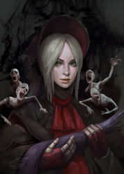 Rule 34 | 1girl, 4others, absurdres, aslothbeing, blonde hair, bloodborne, bonnet, cloak, commentary, dark background, doll joints, dress, english commentary, highres, joints, looking at viewer, multiple others, open mouth, plain doll, saliva, solo, spoilers, swept bangs, upper body, zombie