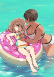 Rule 34 | 2girls, bare shoulders, barefoot, bikini, breasts, cleavage, dark-skinned female, dark skin, doughnut innertube, feet, hand on another&#039;s chest, hat, height difference, highres, innertube, kei (m k), large breasts, legs, looking at another, m k, multiple girls, navel, ocean, original, partially submerged, petite, rika (m k), small breasts, smile, straw hat, swim ring, swimsuit, tall, tall female, toes, tomboy, water, wet, yuri