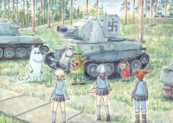 Rule 34 | 10s, 1boy, 4girls, aki (girls und panzer), ankle boots, blue footwear, blue hat, blue jacket, blue pants, blue shirt, blue skirt, blue sky, boots, brown hair, bt-42, carrying, cloud, cloudy sky, commentary request, crossover, day, emblem, forest, girls und panzer, grass, grey legwear, grey skirt, guitar, hair tie, hat, holding, holding instrument, instrument, jacket, kantele, keizoku military uniform, keizoku school uniform, light brown hair, little my, loafers, long hair, long sleeves, looking at another, mika (girls und panzer), mikko (girls und panzer), military, military uniform, military vehicle, miniskirt, moomin, moomintroll, motor vehicle, multiple girls, name connection, nature, omachi (slabco), outdoors, pants, pants rolled up, pants under skirt, parola tank museum, partial commentary, pleated skirt, raglan sleeves, red hair, school uniform, shirt, shoes, short hair, short twintails, skirt, sky, snufkin, socks, standing, striped clothes, striped shirt, swastika, tank, track jacket, track pants, tree, twintails, uniform, vertical-striped clothes, vertical-striped shirt