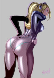 Rule 34 | 1girl, ass, blonde hair, blue eyes, bodysuit, breasts, cavalry (maslow), covered erect nipples, from behind, ghost (starcraft), headgear, huge ass, looking back, nose, nova (starcraft), ponytail, simple background, skin tight, solo, starcraft, terran, thighs