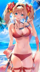 Rule 34 | 1girl, :p, absurdres, beach, bikini, blonde hair, blue eyes, blush, breasts, cleavage, day, unworn eyewear, flower, granblue fantasy, groin, hair flower, hair intakes, hair ornament, hairband, halterneck, highres, holding, holding removed eyewear, large breasts, long hair, looking at viewer, navel, nezumidoshi, o-ring, o-ring bikini, outdoors, red bikini, sidelocks, solo, stomach, sunglasses, swimsuit, thighs, tongue, tongue out, twintails, zeta (granblue fantasy), zeta (summer) (granblue fantasy)