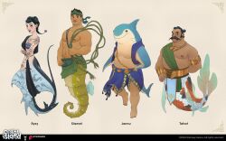 Rule 34 | 1girl, 3boys, bara, beard stubble, belly, concept art, coral island, dark-skinned male, dark skin, david ardinaryas, facial hair, fat, fat man, fins, full body, furry, furry male, goldfish boy, highres, jannu (coral island), large pectorals, long mustache, looking at viewer, manta ray girl, mature male, merman, monster boy, multiple boys, muscular, muscular male, navel, nipples, official art, pectorals, rysy (coral island), sash, seahorse boy, second-party source, shark boy, short hair, shoulder sash, slamet (coral island), stubble, tahat (coral island), thick eyebrows, thick mustache