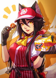 Rule 34 | 1girl, ahri (league of legends), alternate costume, animal ears, apron, bow, box, breasts, brown gloves, chicken (food), food, fox ears, fox tail, gloves, hair between eyes, hair bow, holding, holding box, holding food, league of legends, looking at viewer, neck ribbon, notice lines, orange background, parted lips, red apron, red bow, ribbon, shirt, short sleeves, smile, solo, striped apron, striped clothes, tail, teeth, upper body, vmat, white background, white shirt, yellow ribbon